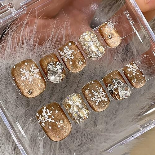 Braune Cat-Eye Fake Nails – Handgemachte Fingernägel in Kurzer Länge, Gelnägel zum Aufkleben für Damen im Herbst/Winter(Small) von ZKBDBWTR