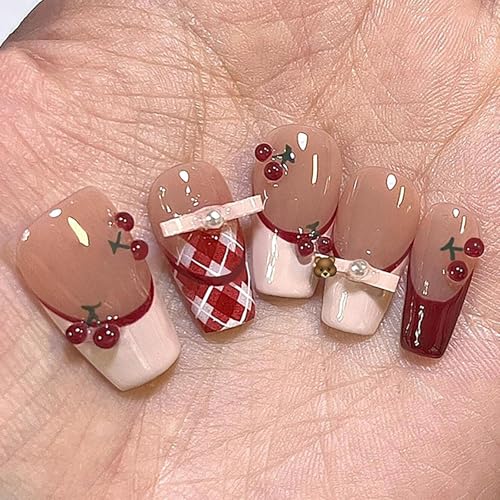 Fingernägel Glänzende, Vollständig Abdeckende Französische Künstliche Nägel aus Acryl mit Kirschschleife, Aufklebbare Fingernägel für Frauen und Mädchen(L) von ZKBDBWTR