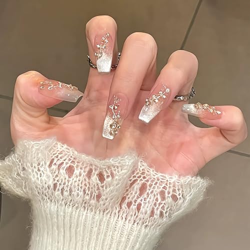 Lange Fake Nails, Weiße Press-on-Nägel, Acrylnägel mit Blumen Designs, Süße Kunstnägel für Mädchen, Glitzernde French Nails(XS) von ZKBDBWTR