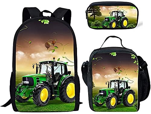 ZKDT Traktor Rucksack 3-teiliges Set,Grosse Kapazität RcksackKinder Schultasche für Jungen Und Mädchen Schulgeschenk (17Zoll(28 x 13x 44cm),Traktor) von ZKDT