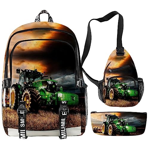 ZKDT Traktor Rucksack 3-teiliges Set,Grosse Kapazität RcksackKinder Schultasche für Jungen Und Mädchen Schulgeschenk (A2(30 x 18x 44cm),Traktor) von ZKDT