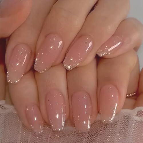 24 Stück Press on Nails, Glitzer Eckig French Künstliche Nägel, Acryl Full Cover Nägel Zum Aufkleben mit Nagelkleber Aufkleber, Fingernägel Kunstnägel Fake Nails für Frauen & Mädchen von ZKGYUS