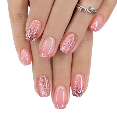 24 Stück Press on Nails Mittel, Rosa Glitzer Eckig French Künstliche Nägel, Acryl Full Cover Nägel Zum Aufkleben mit Nagelkleber Aufkleber, Fingernägel Kunstnägel Fake Nails für Frauen & Mädchen von ZKGYUS