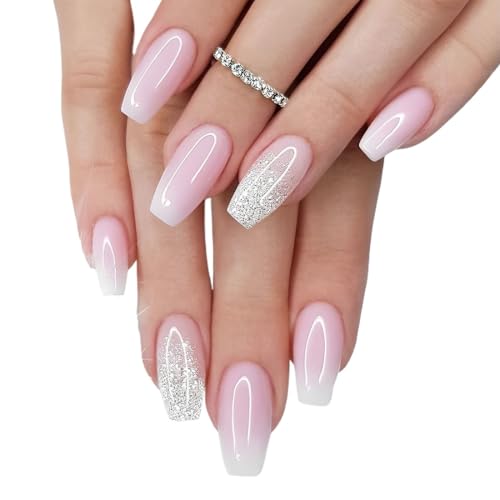 24 Stück Press on Nails Mittel, Rosa Glitzer Eckig French Künstliche Nägel, Acryl Full Cover Nägel Zum Aufkleben mit Nagelkleber Aufkleber, Fingernägel Kunstnägel Fake Nails für Frauen & Mädchen von ZKGYUS