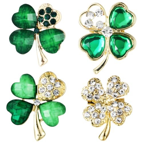 4 Stück Vierblättriges Kleeblatt Brosche, Grüne Strass Brosche, Kristall Brosche, Weihnachtsbrosche, Brosche Symbol des Glücks, für Frauen, Mädchen von ZKGYUS