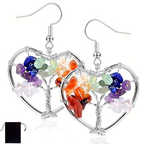ZKGYUS 1 Paar Damen Edelstahl Herz Ohrhänger Lebensbaum mit 7 Stein Chakra Reiki-Energietherapie Mädchen Fashion Ohrringe Heilung Schmuck für Frauen von ZKGYUS