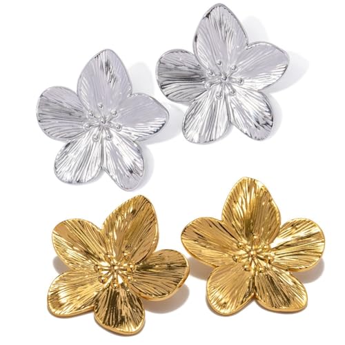 ZKGYUS 2 Paar Blumen Ohrringe Groß,Blume Tropfen Ohrringe Boho Statement Flower Earrings Hypoallergene Modeschmuck für Damen,Gold und Silber von ZKGYUS