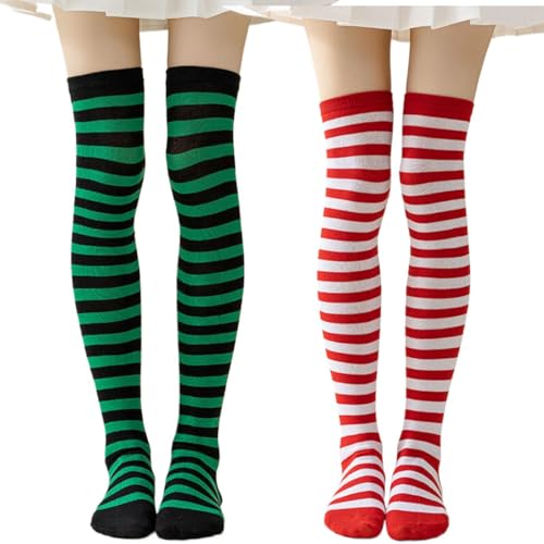 ZKGYUS 2 Paar Kniestrümpfe Overknee Strümpfe Damen Thigh High Socks Lange Gestreifte Socken Extra lange Socken aus Baumwolle mit Streifen von ZKGYUS