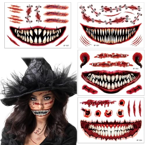 ZKGYUS 4 Blatt Halloween Narben Tattoos 3D Grusel Tattoo Gesicht Fake Blood Narben Gesicht Halloween Zombie Make Up Damen Herren Gesichtstattoo Halloween Hexe von ZKGYUS