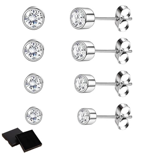 ZKGYUS 4 Paar CZ Ohrstecker Set, Satz Damen Ohrstecker Titanstahl Ohrringe Hypoallergen Kristall Ohrringe für Frauen Mädchen Herren 3 mm/4 mm/5 mm/6 mm, Silber von ZKGYUS