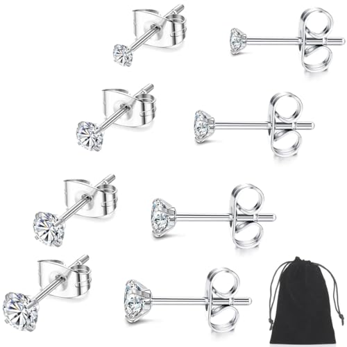 ZKGYUS 4 Paar Ohrstecker Silber 925 Ohrringe Set For Damen Herren Hypoallergen Sleeper Stud Set 3-6mm von ZKGYUS