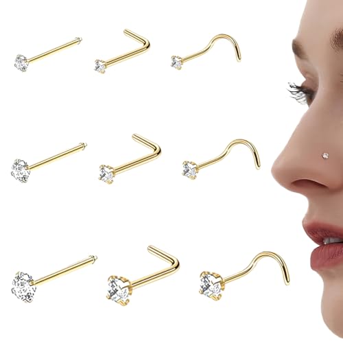ZKGYUS 9 Stück Nasenpiercing Gold Chirurgenstahl Piercing Nase 1.5/2.0/3.0MM Nasenpiercing Ring Nasenring Nasenpiercing Stecker Nasenstecker Nasenpiercing Set Gold Nostril Schmuck Damen von ZKGYUS