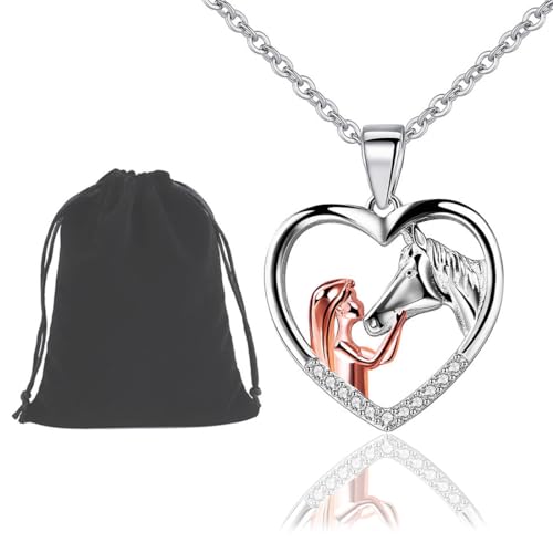ZKGYUS Mädchen und Pferd Halskette Silber Herz Anhänger Halskette Geschenke für Mädchen Frauen Freundin Ehefrau Mutter Tochter Pferdeliebhaber von ZKGYUS