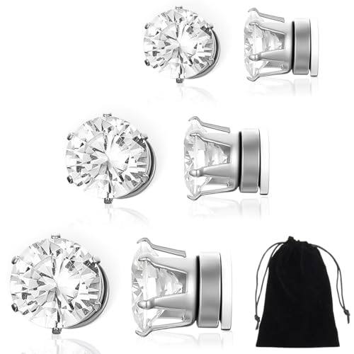 ZKGYUS Ohrringe Herren Magnet Ohrringe Herren 3 Paar Magnetische Ohrstecker Edelstahl Für Männer Rund/Quadratisch CZ-Intarsien Nicht Durchbohrend CZ Klipp Ohrstecker 3 Farben 5/6/7 mm von ZKGYUS