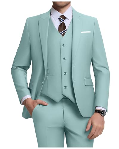 Holivyer Herren 3 Stück Slim Fit Anzug Set, Zwei Knöpfe Blazer Solide Jacke Weste Hose Hochzeit Business Anzug, mintgrün, M von ZKHOECR