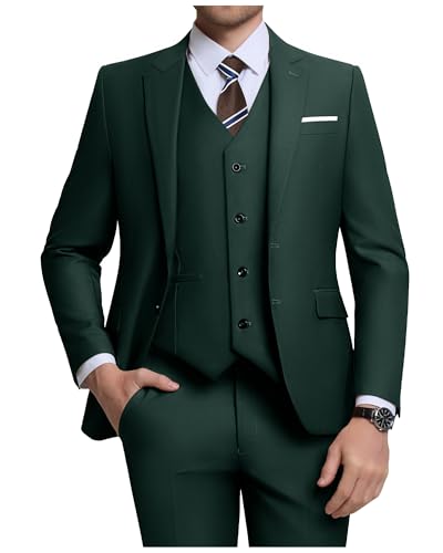 ZKHOECR Herren-Anzug-Set, 3-teilig, schmale Passform, Blazer mit zwei Knöpfen, einfarbig, Jacke, Weste, Hose, Hochzeit, Business-Anzug, Dunkelgrün, XX-Large von ZKHOECR