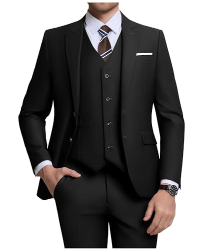 ZKHOECR Herren-Anzug-Set, 3-teilig, schmale Passform, Blazer mit zwei Knöpfen, einfarbig, Jacke, Weste, Hose, Hochzeit, Business-Anzug, Schwarz, S von ZKHOECR