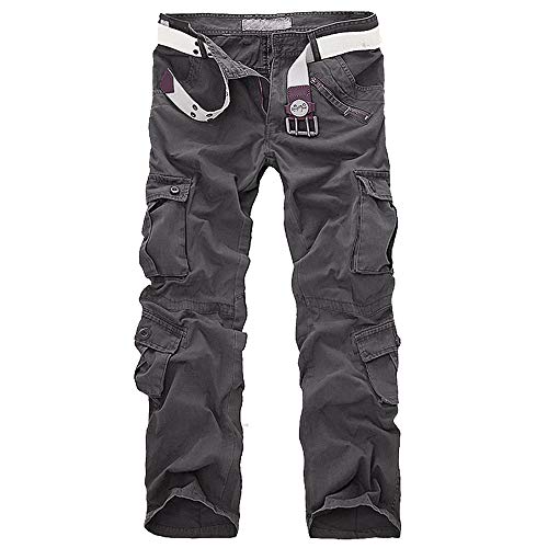 ZKOO Cargohose Herren Wasserwäsche Cargo Stoff Hose Baumwolle Freizeithose Lose Kampfhose Wanderhose Mit Multi Tasche (ohne Gürtel) Grau von ZKOO
