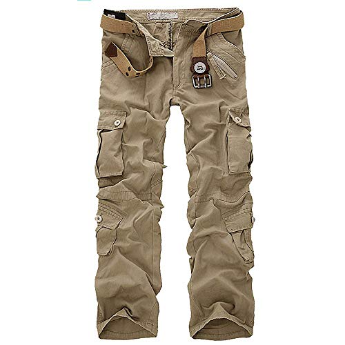 ZKOO Cargohose Herren Wasserwäsche Cargo Stoff Hose Baumwolle Freizeithose Lose Kampfhose Wanderhose Mit Multi Tasche (ohne Gürtel) Khaki von ZKOO