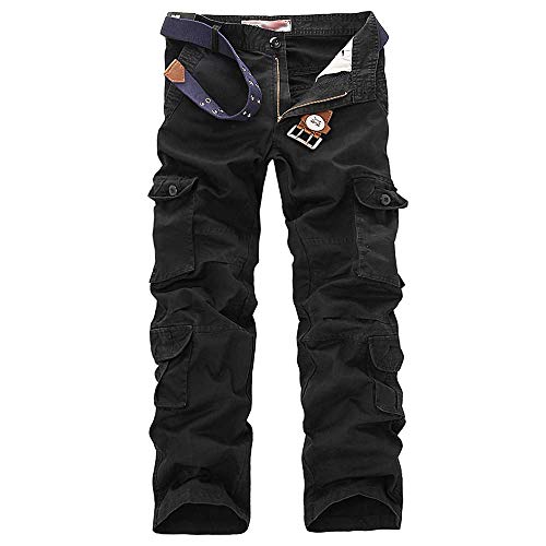 ZKOO Cargohose Herren Wasserwäsche Cargo Stoff Hose Baumwolle Freizeithose Lose Kampfhose Wanderhose Mit Multi Tasche (ohne Gürtel) Schwarz von ZKOO