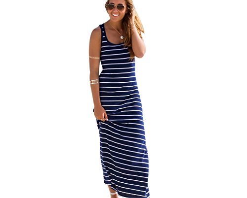 ZKOO Damen Blau Weiß Gestreiftes Ärmelloses Sommerkleider Kaufen Rundhals Ausschnitt Kleider Wadenlange Strandkleider Beachwear Urlaub Party Langes Kleid Casual von ZKOO