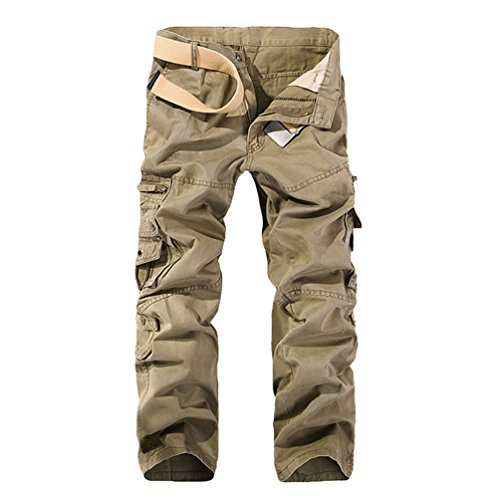 ZKOO Herren Cargohose Arbeitshose Outdoor Cargo Stoff Hose Freizeithose Baumwolle Lose Kampfhose Wanderhose Multi Tasche (ohne Gürtel) Khaki von ZKOO