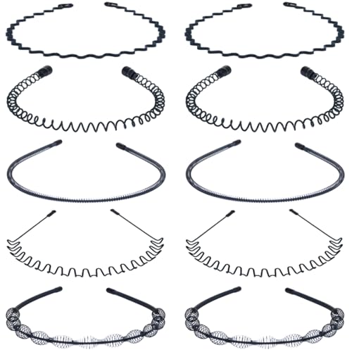 ZKSXOA 10 Stück Metall Haarband, Schwarz Welle Metall Stirnband, Haarreifen Unisex, Multi-Stil Haarbänder für Männer Frauen, für Outdoor Sports Yoga von ZKSXOA