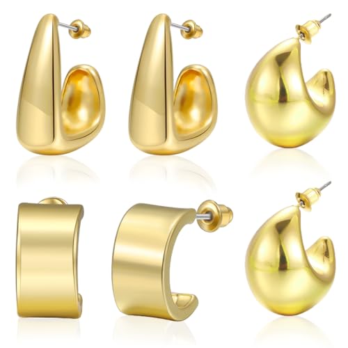 ZKSXOA 3 Paare Handmade Ohrringe Gold Hängend, Goldene Ohrringe Damen, Tropfen Vergoldete Earrings for Women, Modeschmuck Chunky Hoop Earring Dupes für mädchen, Hypoallergen Geschenke für Frauen von ZKSXOA