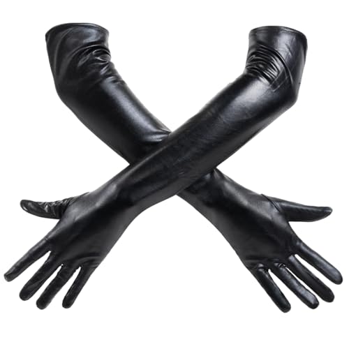 ZKSXOA 50cm Damen Lange Glänzende Frauen Sexy Look Leder-Optik Handschuhe Abendhandschuhe,Geeignet für Halloween, Weihnachten, Hochzeitsfeiern, Schwarz von ZKSXOA