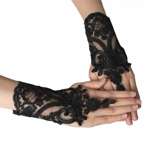 ZKSXOA Lace Handschuhe Damen Kurze Hochzeitshandschuhe für Frauen Spitze bestickte Fingerlose Handschuhe Sonnenschutz Fingerlose Braut Handgelenk Handschuhe,Schwarz von ZKSXOA