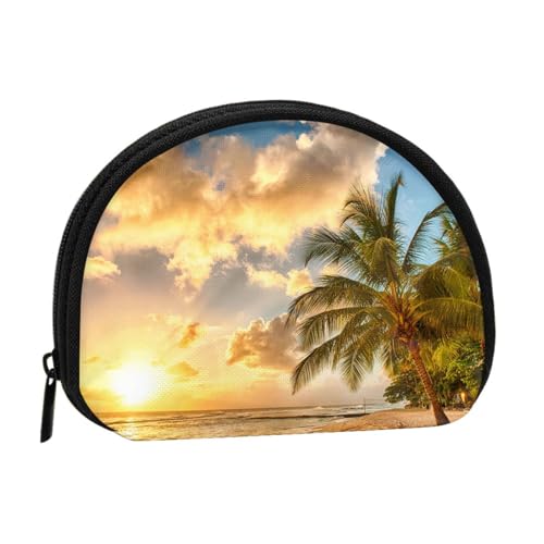 Sunset Hawaiian Palm Tree Print Portable Mini Coin Storage Bag - Full-Printed Polyester Wallet for Personal Small Items, Schwarz , Einheitsgröße von ZKZBDPLK