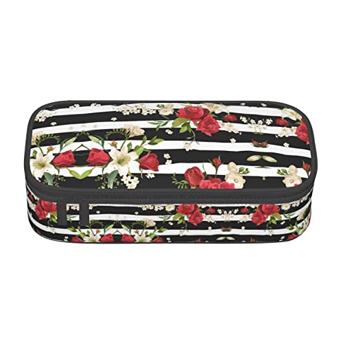 ZKZBDPLK Federmäppchen mit schwarz-weißen Streifen, roten Rosen und Blumen, hohe Kapazität, vielseitige Organizer-Tasche mit vollem Druck, aus strapazierfähigem Oxford-Tuch, Schwarz Weiß Streifen Rot von ZKZBDPLK