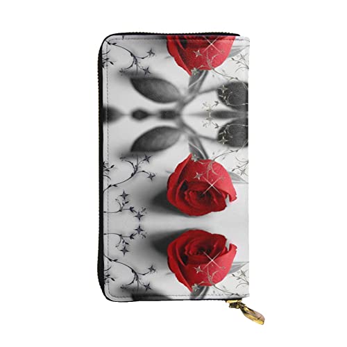 ZKZBDPLK Lila Pfauen-Print Außergewöhnliches Leder Lange Geldbörse – Hochwertige Clutch mit Volldruck-Design – ein herrliches Statement von Klasse und Haltbarkeit, rote rose, Einheitsgröße von ZKZBDPLK