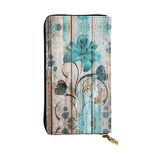 ZKZBDPLK Lila Rose Print Außergewöhnliche Leder lange Geldbörse – Premium-Qualität Clutch mit Volldruck-Design – ein herrliches Statement von Klasse und Haltbarkeit, Blaugrüne Blume auf Holzdiele, von ZKZBDPLK