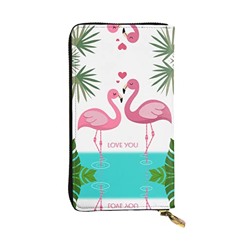 ZKZBDPLK Sea Cyan Print Außergewöhnliches Leder Lange Geldbörse – Premium-Qualität Clutch mit Volldruck-Design – ein herrliches Statement von Klasse und Haltbarkeit, Palmblatt und Flamingos Paar, von ZKZBDPLK