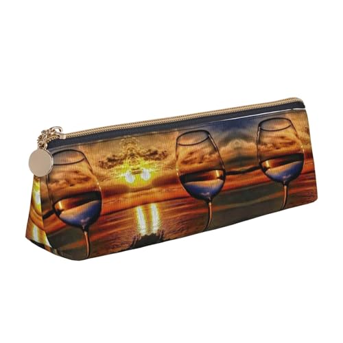 ZKZBDPLK Sunset Wine Glass Print Stylish Leather Triangle Pen Case - All-Over Print, Cross Patterned Leather, Compact and Versatile Pen Pouch, Weinglas Sunset, Einheitsgröße, Schulranzen-Set von ZKZBDPLK