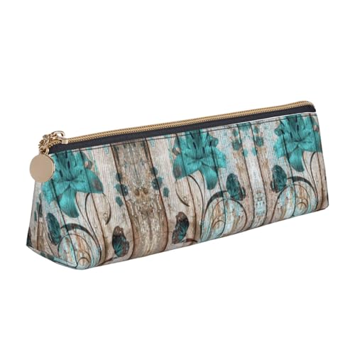 ZKZBDPLK Weed with Sunflower Print Stylish Leather Triangle Pen Case - All-Over Print, Cross Patterned Leather, Compact and Versatile Pen Pouch, Blaugrüne Blume auf Holzdiele, Einheitsgröße, von ZKZBDPLK
