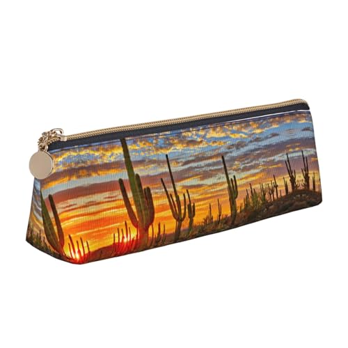 ZKZBDPLK Weed with Sunflower Print Stylish Leather Triangle Pen Case - All-Over Print, Cross Patterned Leather, Compact and Versatile Pen Pouch, Sonnenuntergang Kaktus in der Wüste, Einheitsgröße, von ZKZBDPLK