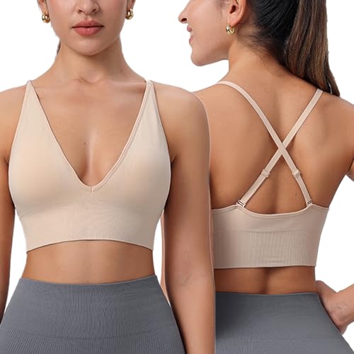 BHS für Frauen Rückenfreier BH Ohne Bügel Push Up Unsichtbar Nahtlos Unterwäsche Abnehmbar Wandelbarer Träger Hebe-BH Weich Bequem (Nude, L) von ZKZFCAI