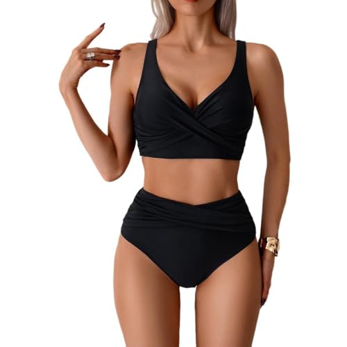 ZKZFCAI Damen Bikini Set V Ausschnitt Bikini Mid Waist Bikini Bademode Zweiteiliger Badeanzug Bademode Elegant Zweiteiliger Badeanzug Swimsuit（L） von ZKZFCAI