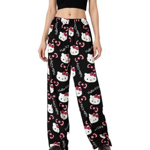 Pyjama Hose Schlafanzug Damen Lang Pyjamas Hosen Damen Schlafhose Weich Kawaii Pyjamas Anime Bequeme Schlafanzughose Frauen Anime Cartoon Casual Frühling/Sommer Dünn (Schwarz, L) von ZKZFCAI