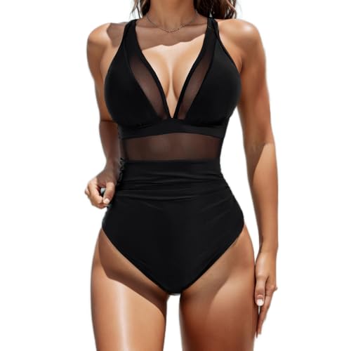ZKZFCAI Damen Badeanzug Bauchweg Einteiliger V Ausschnitt Hoch Taillierte Monokini Schlankheits Badeanzüge für Frauen Bademode Swimsuit Herausnehmbare Softpads（L） von ZKZFCAI