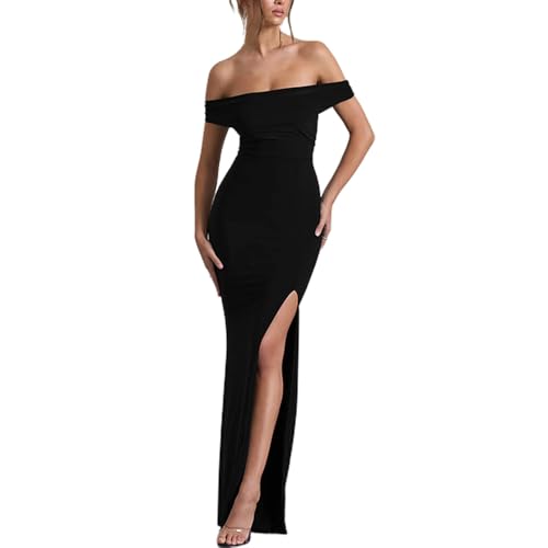 ZKZFCAI Damen Ballkleider Lang Abendkleid mit Schlitz Schulterfrei Sexy Party Cocktailkleid Bodycon Maxikleid Lang Elegant Formal Kleid Sommerkleid Festliche Partykleid（Schwarz M） von ZKZFCAI
