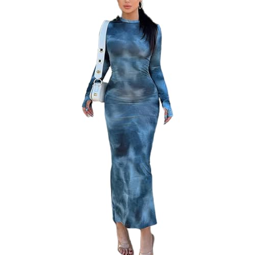 ZKZFCAI Damen Langarm Maxikleid Batikmuster Figurbetontes Kleid Casual Lounge Langes Kleid Elegant Sexy Bodycon Kleid Eng Lang Elegant Einfarbig Freizeitkleid Abendkleid Partykleid Clubkleid von ZKZFCAI