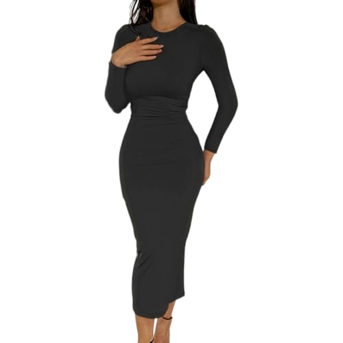 ZKZFCAI Damen Langarm Maxikleid mit Rüschen Sexy Rundhalsausschnitt Bodycon Kleid Eng Lang Freizeitkleid Abendkleid Partykleid Clubkleid Cocktail Kleider von ZKZFCAI