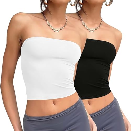 ZKZFCAI Damen Tube Top Schulterfrei Ärmellos Tank Top Damen Y2K Slim Fit Crop Top Sommertops Elegant Doppelt Gefüttert Oberteile von ZKZFCAI