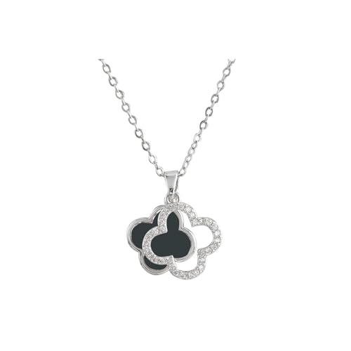 ZKZFCAI Kette Damen 925 Sterling Silber Vierblättriges Kleeblatt Anhänger Halskette Silber kettenanhänger 18 Vergoldete Halsketten mit Zirkone,Schmuck Für Frauen Und Mädchen Geburtstags (Schwarz) von ZKZFCAI