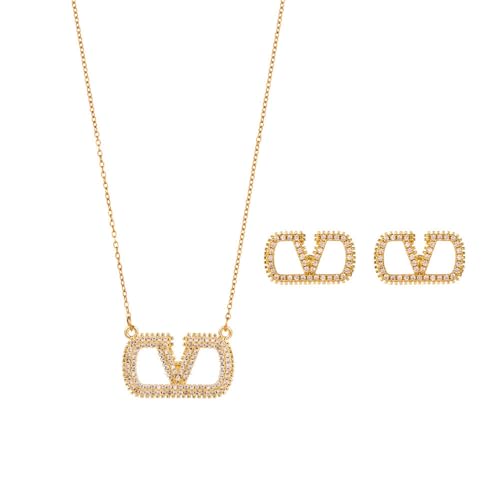 ZKZFCAI Schmuckset für Damen, Sterling Silber Hypoallergene Vergoldete Schmuck Set, Buchstabe V Geometrische Tropfen Ohrringe Gold Hängend Dupes Schmuck Geschenke für Frauen Muttertag (Gold) von ZKZFCAI
