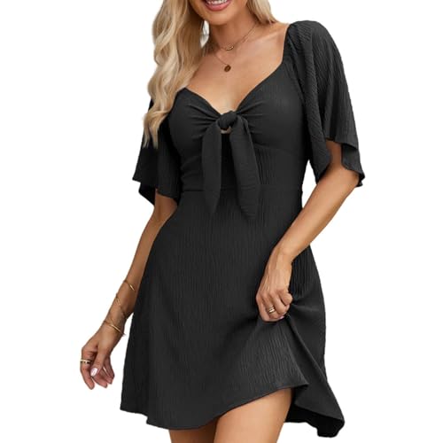 ZKZFCAI Sommerkleid Damen Freizeitkleider Elegant V Ausschnitt Sommer Kurzarm Rüschen Minikleid Baumwolle Cover Up Strandkleid Freizeitkleider Sommer Mini Dress（Schwarz XL） von ZKZFCAI