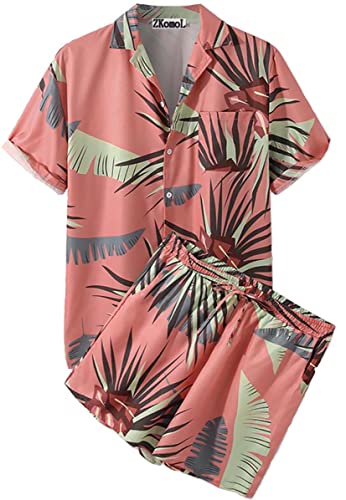 ZKomoL Herren Hawaii Kurzarm Hemd Anzüge Sommer Button Hemd Strand Shirts Anzüge 2 Stücke (Rot, 3XL) von ZKomoL